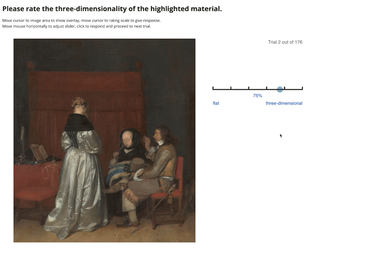 UI demonstration of a continuous attribute rating task where the red highlight indicating target area flashes twice at the start of each trial.