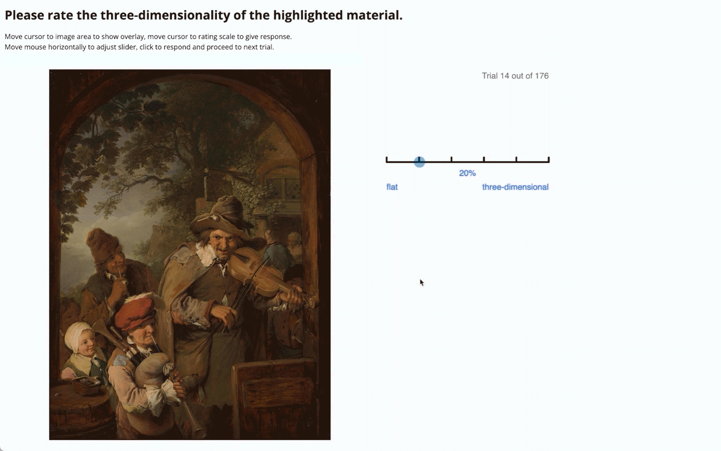 UI demonstration of a continuous attribute rating task where the rating scale is controlled only by horizontal position of the cursor, reducing required precision.