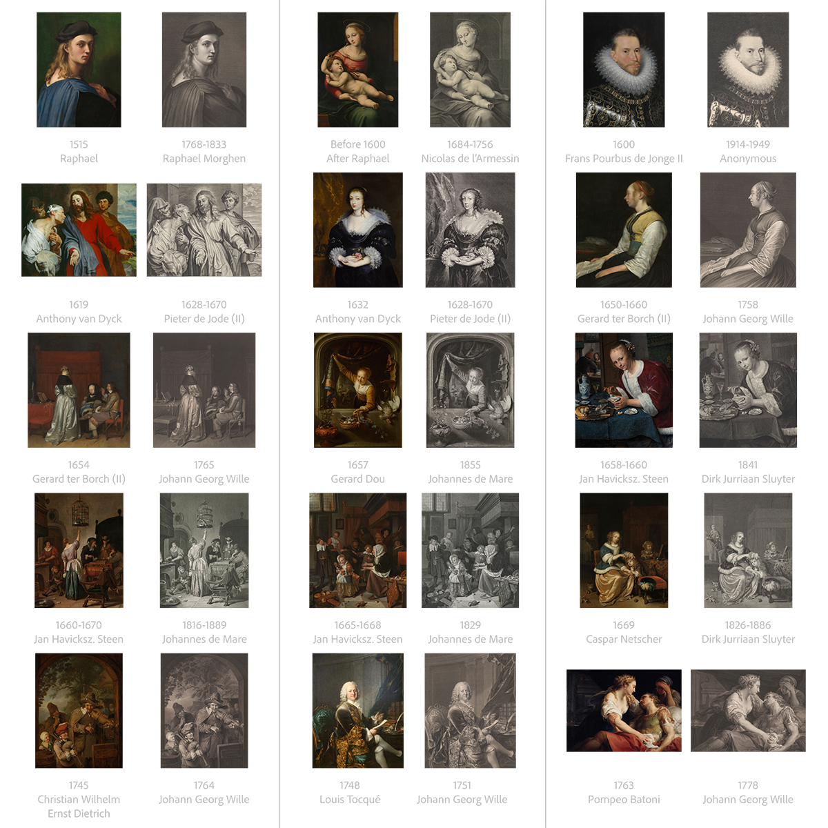 15 pairs of oil paintings and their engraved reproductions
